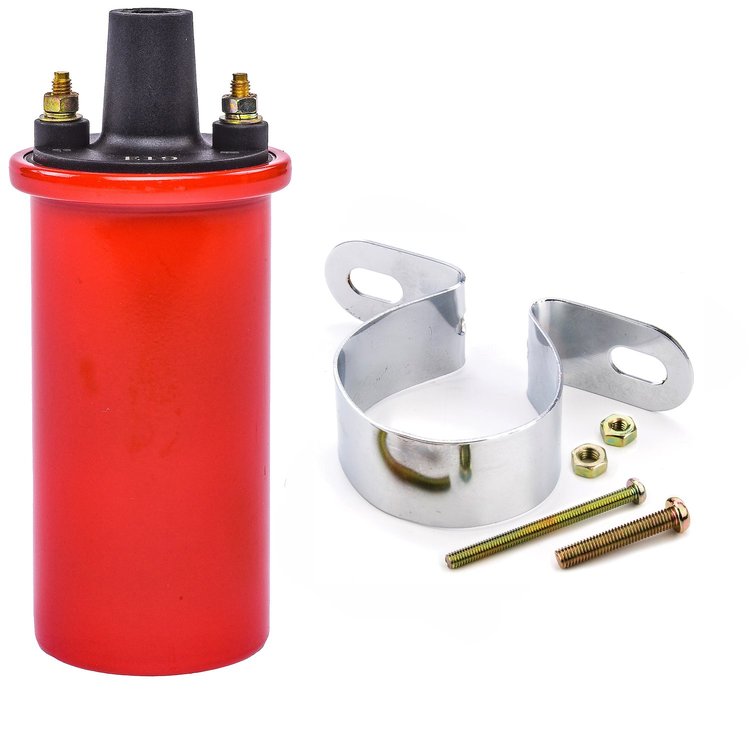 High-Energy Ignition Coil and Bracket Kit [Red Coil and Chrome Panel Mount Bracket]