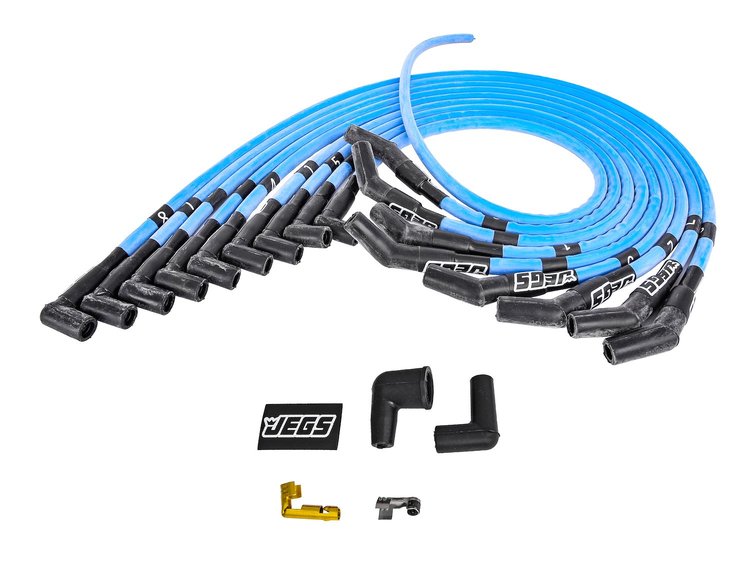 8mm Hi-Temp Sleeved Spark Plug Wire Set for Small Block Ford 260, 289, 302, 351W w/HEI, Under Header w/135-degree Boots [Blue]