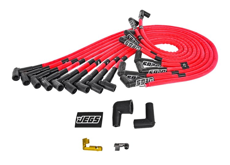 8mm Hi-Temp Sleeved Spark Plug Wire Set for Small Block Chevy 262-400 w/HEI, Over Valve Cover w/90-degree Boots [Red]