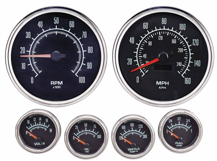 Retro Muscle Car 6-Gauge Set, Black Analog Face [5 in. Dia. Speedometer & Tachometer]