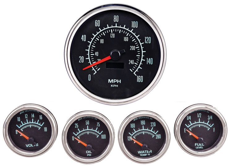 Retro Muscle Car 5-Gauge Set, Black Analog Face [5 in. Dia. Speedometer]