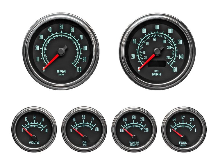 Retro Muscle Car 6-Gauge Set, Black Analog Face [3 3/8 in. Dia. Speedometer & Tachometer]