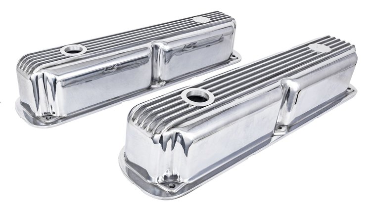 Polished Finned Aluminum Valve Covers for 1964-1992 Small Block Mopar 318, 340, 360 V8