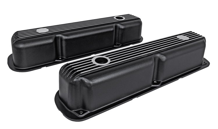 Black Finned Aluminum Valve Covers for 1964-1992 Small Block Mopar 318, 340, 360 V8