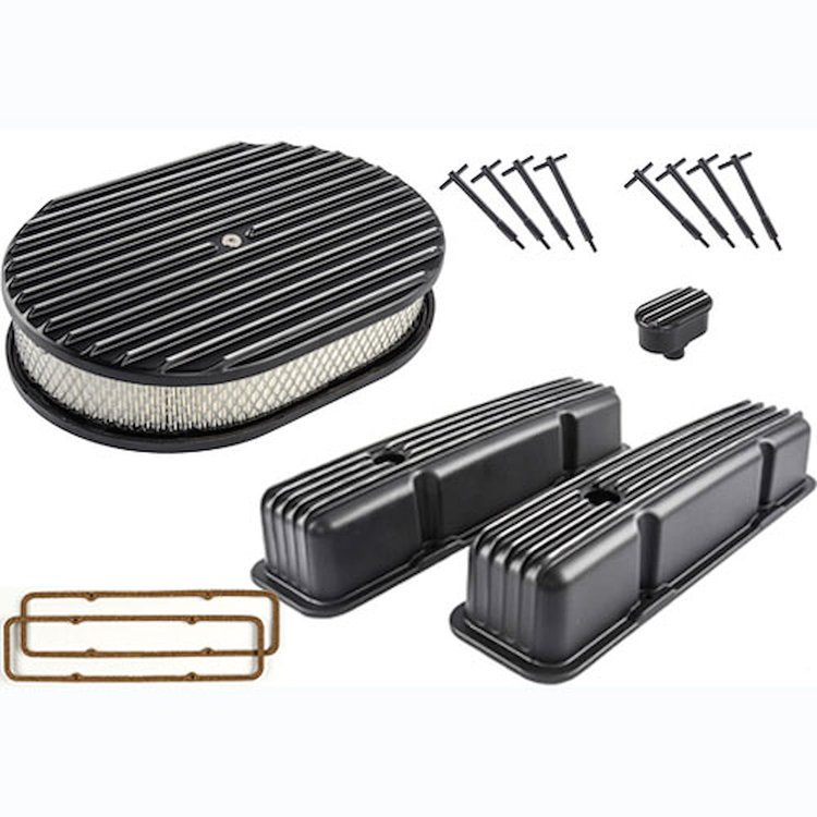Black Finned Valve Cover Kit for 1958-1986 Small Block Chevy