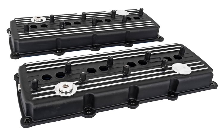 Cast Aluminum Valve Covers for 5.7L, 6.1L, 6.4L Gen III Hemi Engines [Black Finish, Finned]