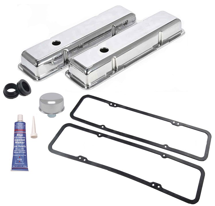 Polished Cast Aluminum Smooth Valve Cover Kit for 1958-1986 Small Block Chevy [Short Design]