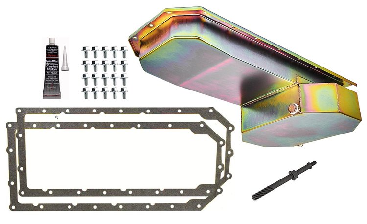 Hemi Oil Pan & Install Kit for 1963-1975 Mopar A, B, C, E Body Cars [Rear Sump, Gold Zinc Finish]