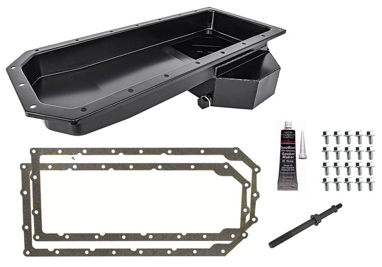 Hemi Oil Pan & Install Kit for 1963-1975 Mopar A, B, C, E Body Cars [Rear Sump, Black Finish]