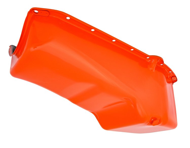 Stock Replacement Oil Pan for 1955-1979 Chevy Small Block Engines w/Left Hand Dip Stick & 2-Piece Rear Main Seal [Orange]