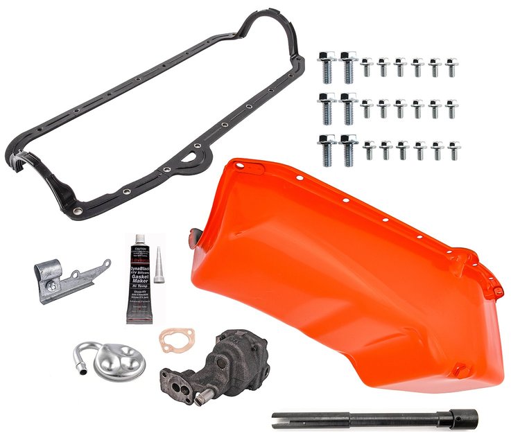 Orange Oil Pan Kit with Oil Pump & Pickup for 1955-1979 Small Block Chevy