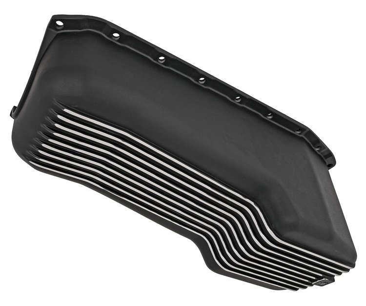 Finned Aluminum Oil Pan for 1980-1985 Small Block Chevy [Right/Passenger Side Dip Stick, Black Finish]