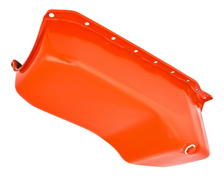 Stock Replacement Oil Pan for 1986-2002 Chevy 305, 350 ci. Engines w/Right Hand Dip Stick & 1-Piece Rear Main Seal [Orange]