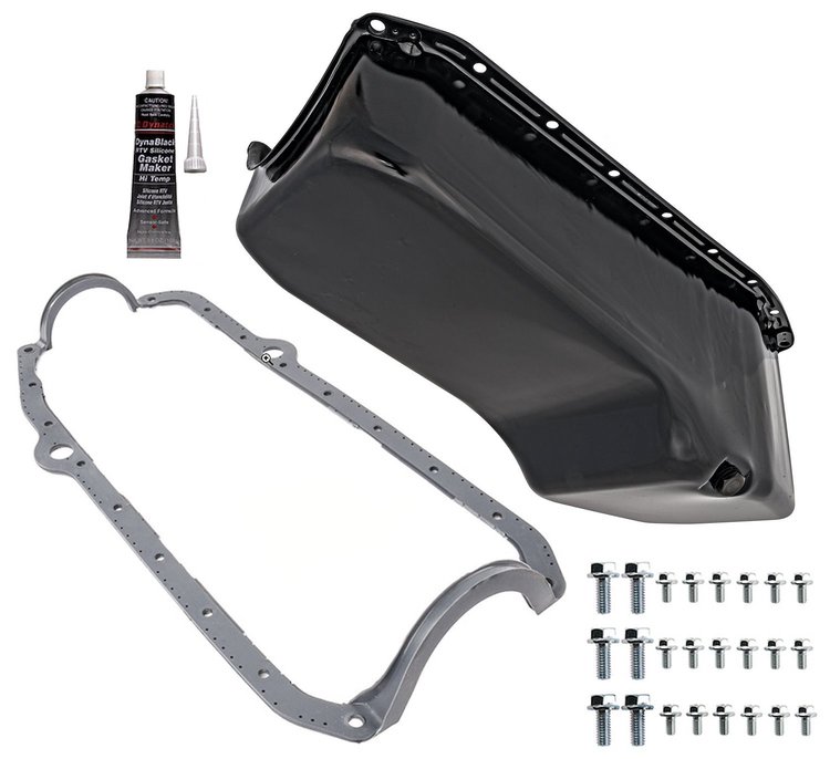 Stock Replacement Oil Pan Kit for 1980-1985 Chevy Small Block Engines w/Right Hand Dip Stick & 2-Piece Rear Main Seal [Black]