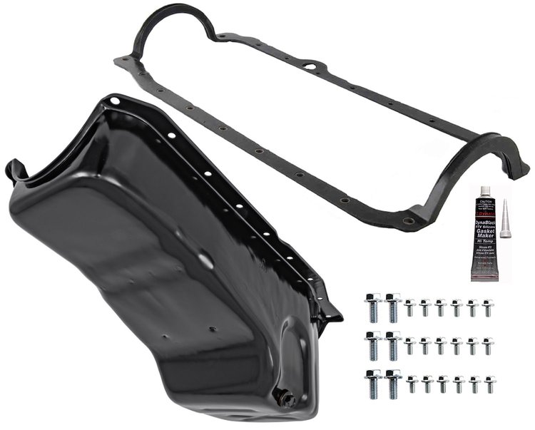 Stock Replacement Oil Pan Kit for 1986-2002 Chevy 305, 350 ci. Engines w/Right Hand Dip Stick & 1-Piece Rear Main Seal [Black]