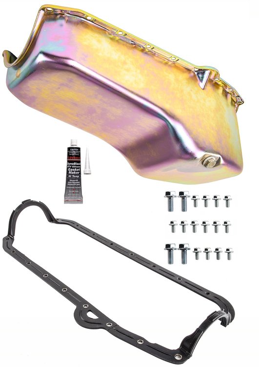 Stock Replacement Oil Pan Kit for 1955-1979 Chevy Small Block Engines w/Left Hand Dip Stick & 2-Piece Rear Main Seal [Gold Zinc]