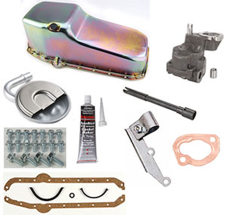 Stock Replacement Oil Pan Kit for 1955-1979 Chevy Small Block Engines w/Left Hand Dip Stick & 2-Piece Rear Main Seal [Gold Zinc]