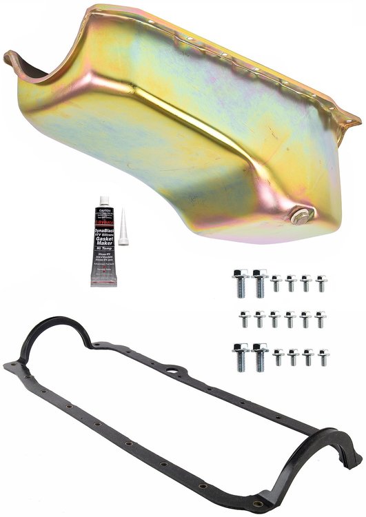 Stock Replacement Oil Pan Kit 1986-2002 Chevy 305, 350 ci. Engines w/Right Hand Dip Stick & 1-Piece Rear Main Seal [Gold Zinc]