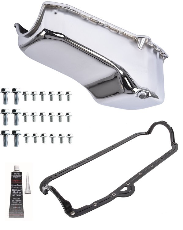 Stock Replacement Oil Pan Kit for 1955-1979 Chevy Small Block Engines w/Left Hand Dip Stick & 2-Piece Rear Main Seal [Chrome]