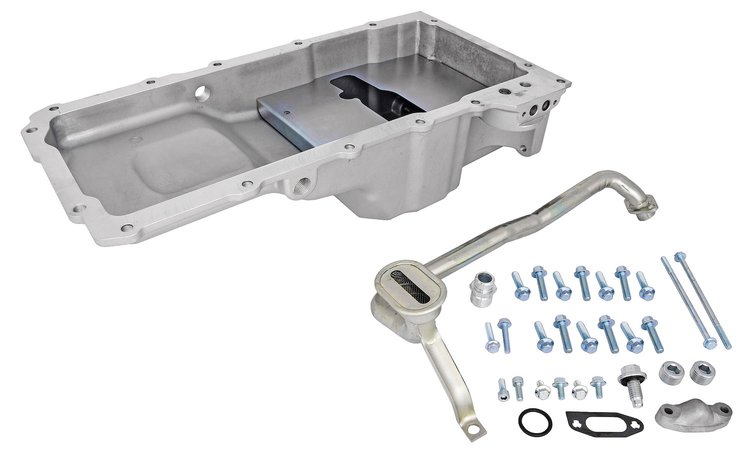 Retrofit Oil Pan for GM LS Series Turbo Engine Swaps with 1/2 NPT Turbo Oil Drain Back Ports [Cast Aluminum, Satin]