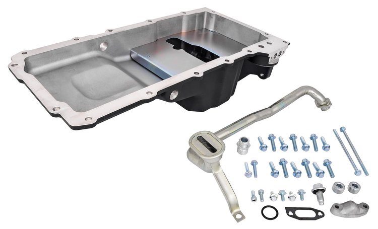 Retrofit Oil Pan for GM LS Series Turbo Engine Swaps with 1/2 NPT Turbo Oil Drain Back Ports [Cast Aluminum, Black]
