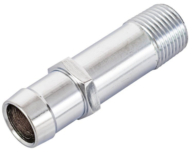Chrome Heater Hose Fitting, Straight [3/4 in. Hose Barb x 2 7/8 in. L x 1/2 in. NPT]