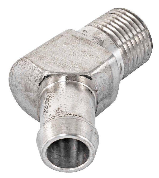 Stainless Steel Heater Hose Fitting, 45-Degree [5/8 in. Hose Barb x 1 3/4 in. L x 1/2 in. NPT]