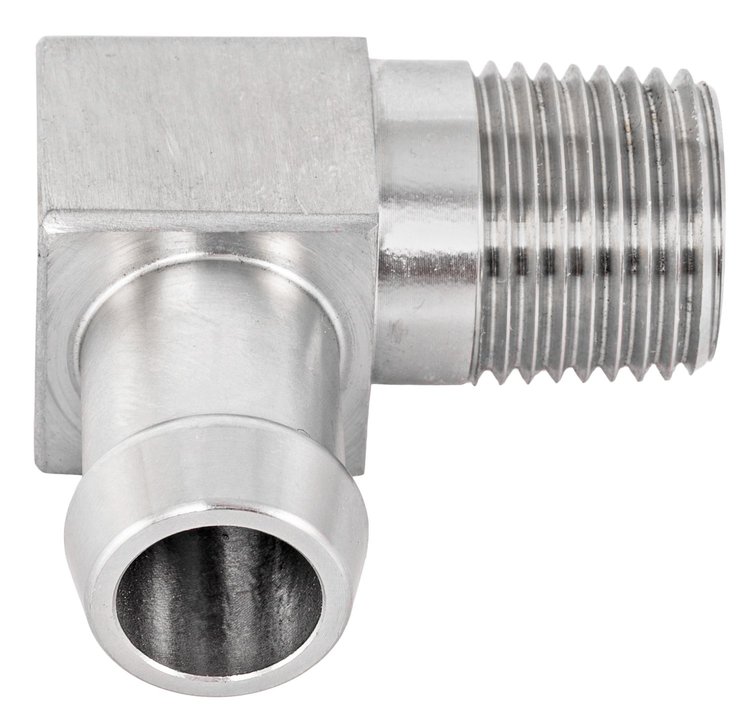 Stainless Steel Heater Hose Fitting, 90-Degree [5/8 in. Hose Barb x 2 1/8 in. L x 1/2 in. NPT]