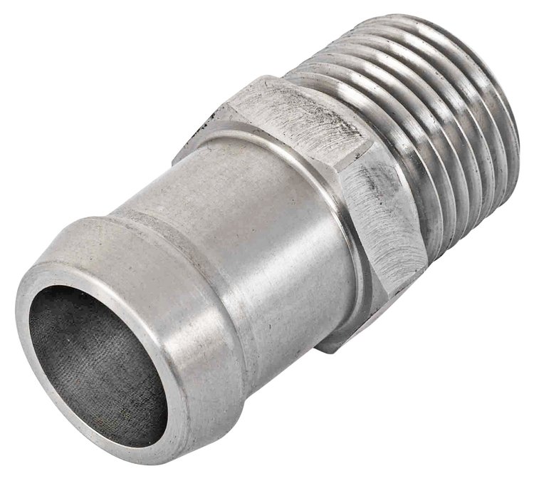 Stainless Steel Heater Hose Fitting, Straight [3/4 in. Hose Barb x 1 3/4 in. L x 1/2 in. NPT]