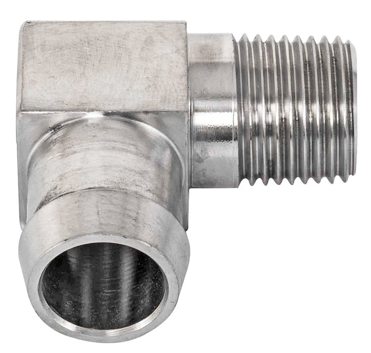 Stainless Steel Heater Hose Fitting, 90-Degree [3/4 in. Hose Barb x 2 1/8 in. L x 1/2 in. NPT]