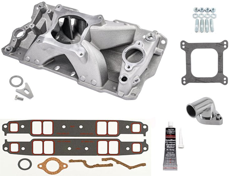 Intake Manifold Kit for 1955-1995 Small Block Chevy 262-400, Hi-Rise Single Plane [Satin]