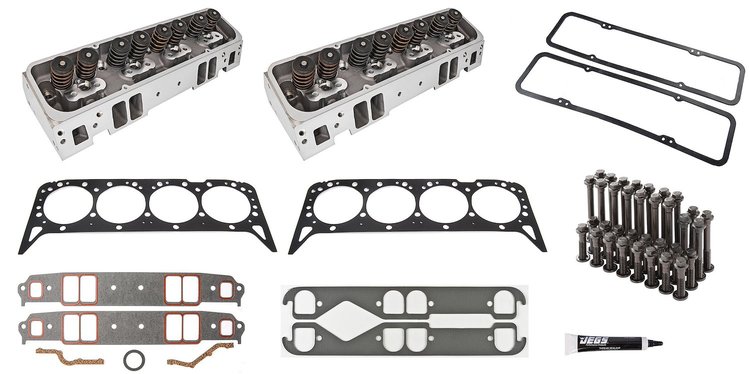 Small Block Chevy Aluminum Cylinder Head Kit [Hydraulic Flat Tappet Cam, 205 cc Intake Ports, Straight Spark Plug Style]