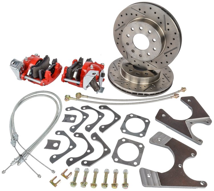 GM 10/12 Bolt Rear Disc Brake Conversion Kit for 1964-1972 GM A-Body w/STD Shock [Premium Kit w/E-Brake, Red Calipers]