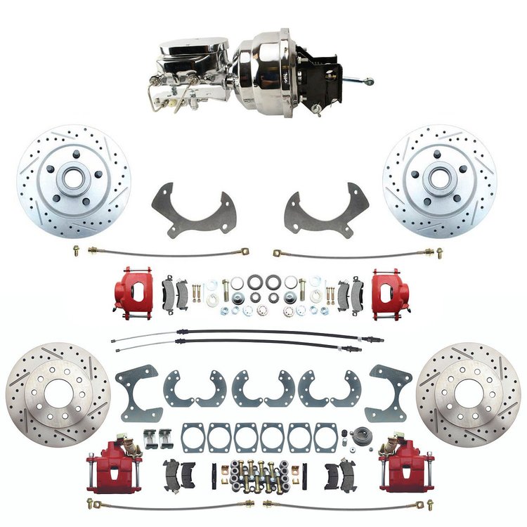 Front & Rear Premium Disc Brake Conversion Kit w/Master Cyl./Booster Fits Select 1959-1972 Full Size Ford Cars [Red Calipers]