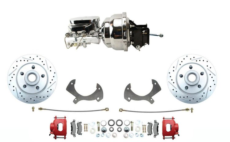 Front Premium Disc Brake Conversion Kit w/Cast Master Cyl./Booster Fits Select 1959-1972 Full Size Ford Models [Red Calipers]