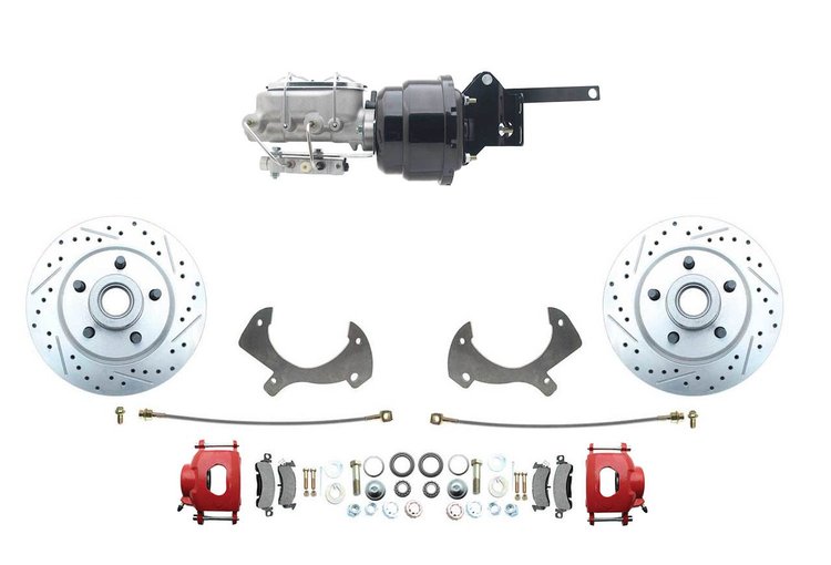 Front Premium Disc Brake Conversion Kit w/Alum. Master Cyl./Booster Fits Select 1959-1972 Full Size Ford Cars [Red Calipers]