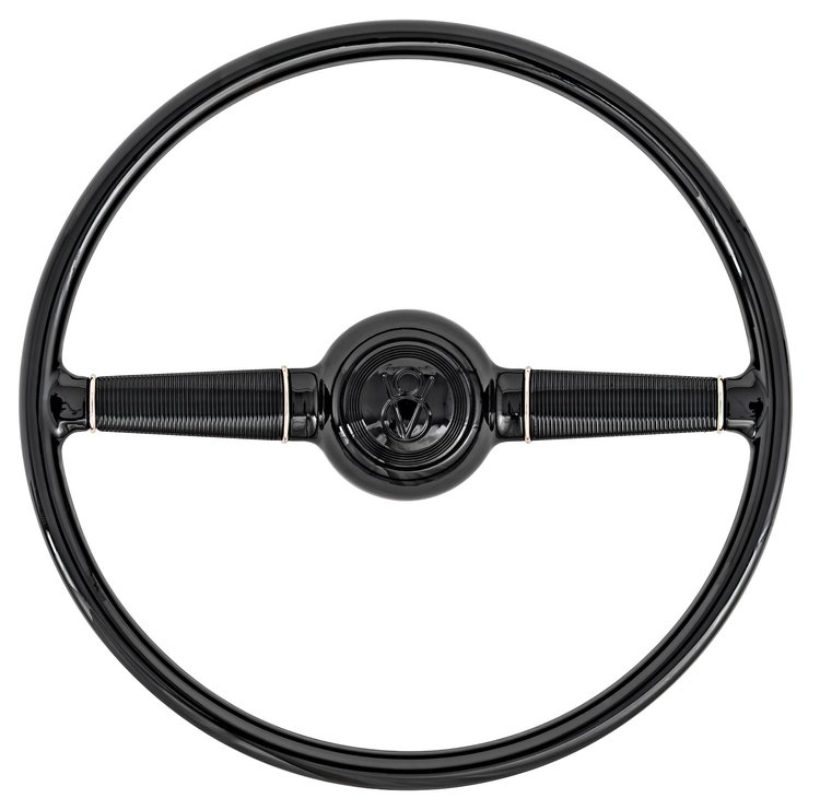 15 in. 2-Spoke 1940 Ford Replica Steering Wheel with/Black Gel Coat Grip for 1967-1994 GM Steering Column [Classic V8 Ford Logo]
