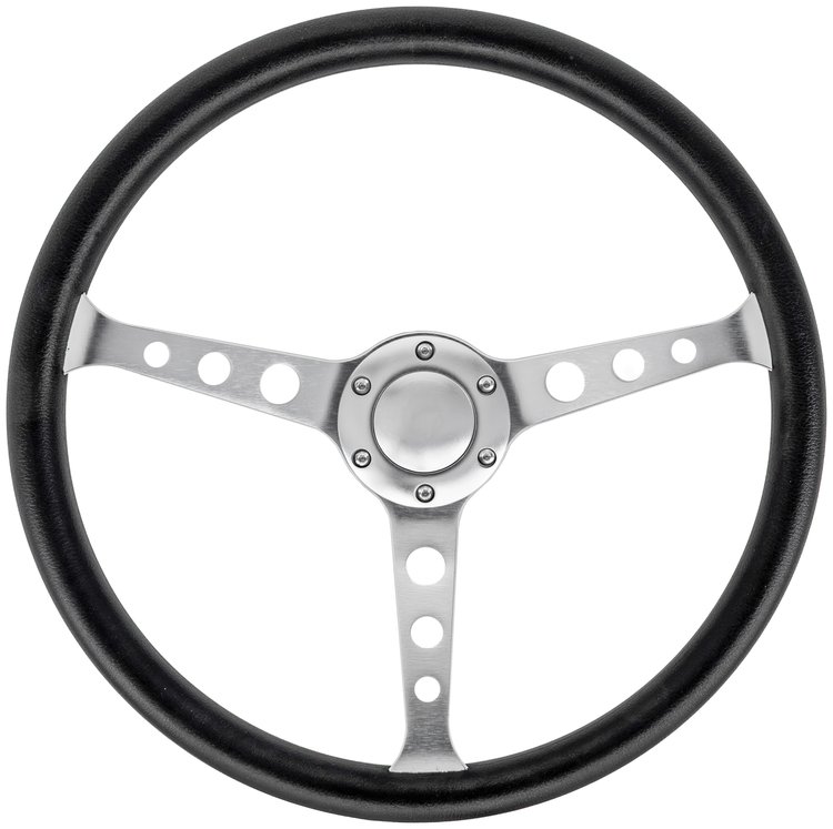 Classic Tri-Hole 3-Spoke Steering Wheel, Brushed Aluminum Spokes w/Black Rubber Grip [15 in. Diameter]