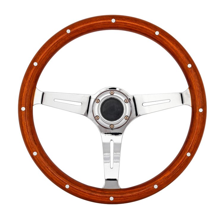 Classic Wood Grain Steering Wheel, Chrome Slotted 3-Spoke [15 in. Diameter]