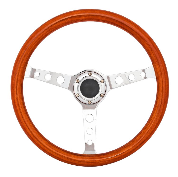 Classic Wood Grain Steering Wheel, Chrome Tri-Hole 3-Spoke [15 in. Diameter]