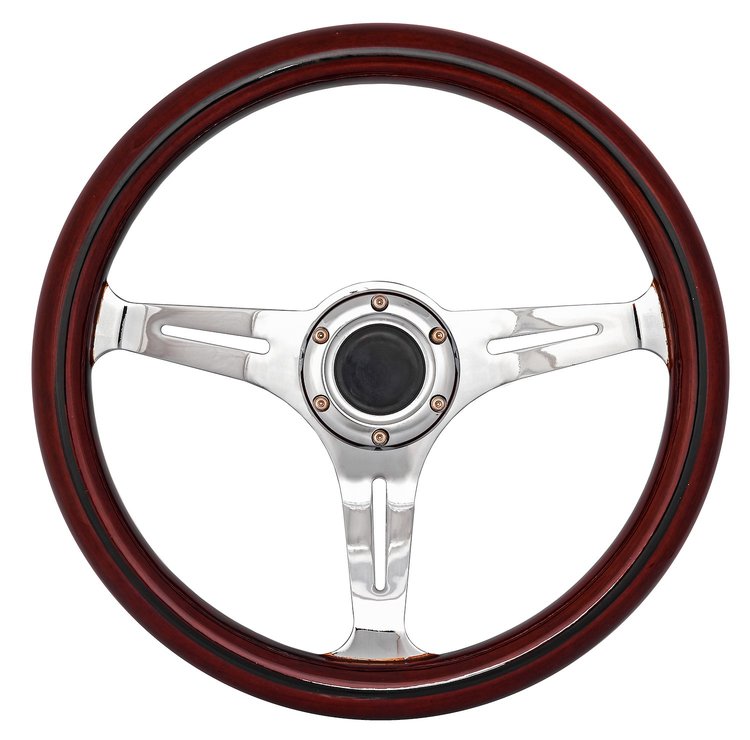 Classic Wood Grain Steering Wheel, Chrome Slotted 3-Spoke [14 in. Diameter]