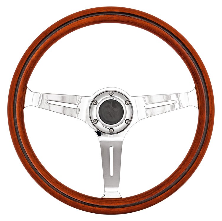 Classic Wood Grain Steering Wheel, Chrome Slotted 3-Spoke [15 in. Diameter]