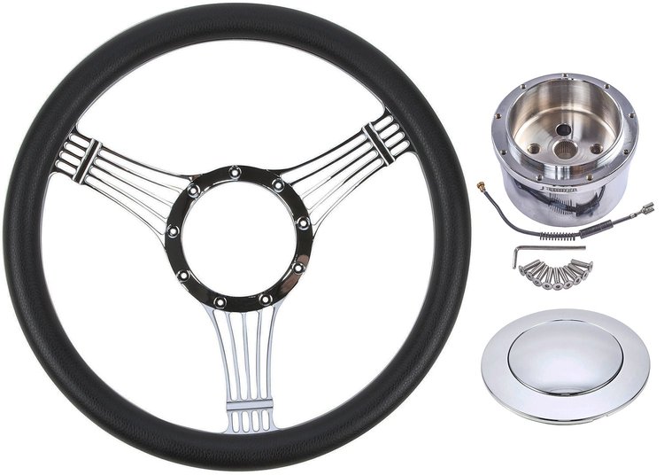 Chrome-Plated Billet Aluminum 14 in. Steering Wheel Kit [Strings Spoke Design]