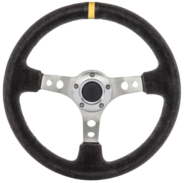 Aluminum Racing Steering Wheel, 13 1/2 in. Diameter, 3 in. Dish [Black Suede Full Wrap Grip with Yellow Center Marker]