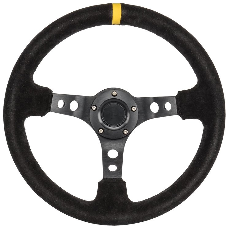 Aluminum Racing Steering Wheel, 13 1/2 in. Diameter, 3 in. Dish [Black Suede Full Wrap Grip with Yellow Center Marker]