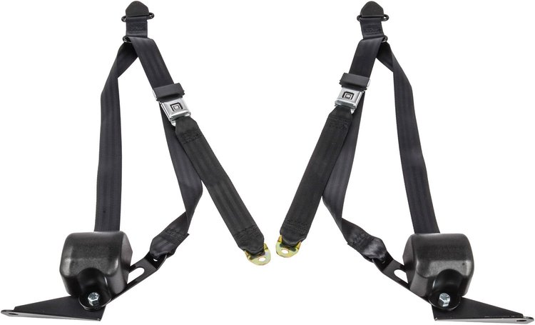 3-Point Seat Belt for 1967-1972 GM Truck [Black with GM Metal Push-Button Buckle, Bench Seat with Fuel Tank in Cab]