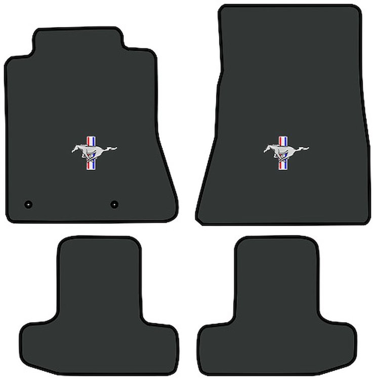 Molded Cut Pile Floor Mats for 2015-2023 Ford Mustang [Silver Running Pony Logo, 4-Piece, Ebony]