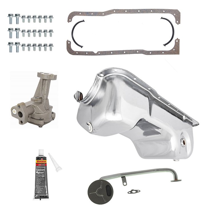 Stock-Style Replacement Oil Pan Kit for 1979-1995 Ford Mustang 5.0L w/Low Oil Level Sensor Port [Chrome]
