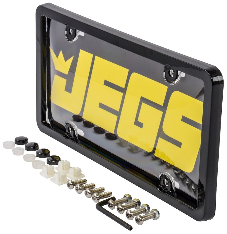 License Plate Frame with Black Finish, Clear Bubble Cover and Fasteners