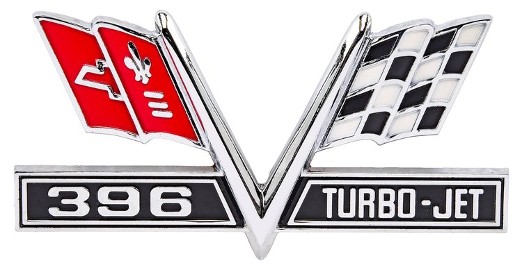 "396 Turbo-Jet" Cross Flag Fender Emblem for 1965-1967 Chevy Bel Air, Biscayne, Camaro, Chevelle, Corvette, El Camino, Impala